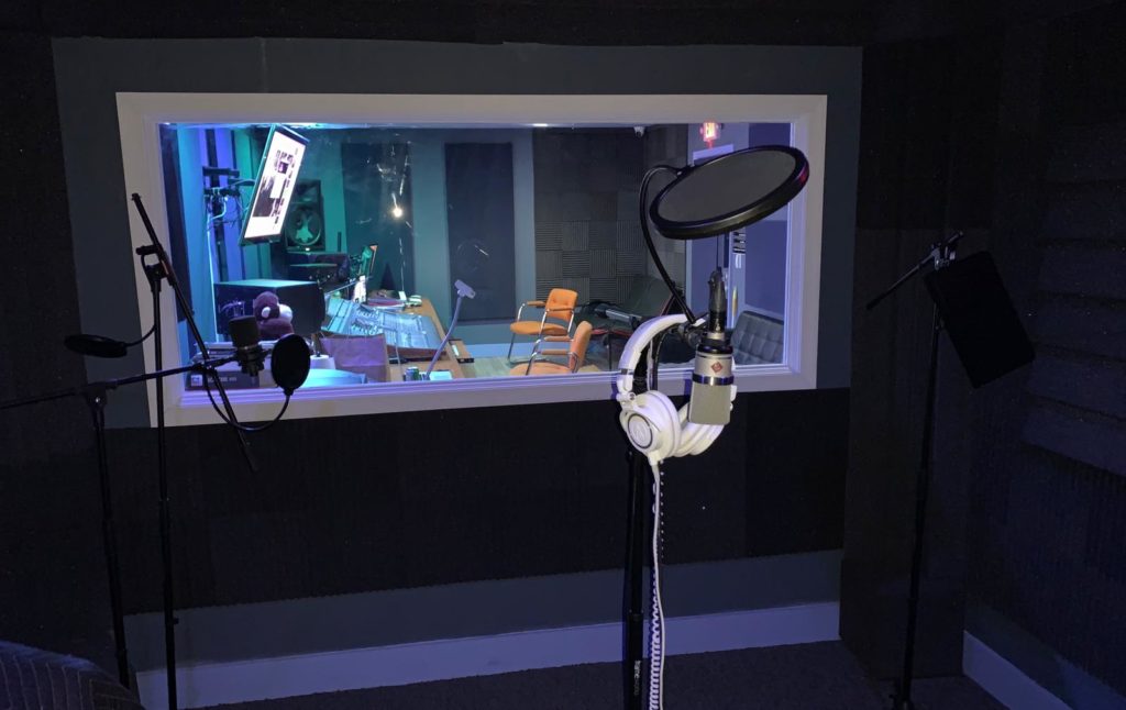 Voice-over microphone in a Rare Monkey Studios recording booth